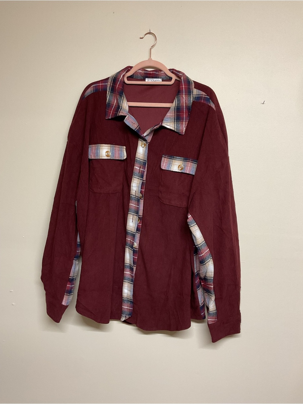 Plaid-Trim Burgundy Button-Up Jacket